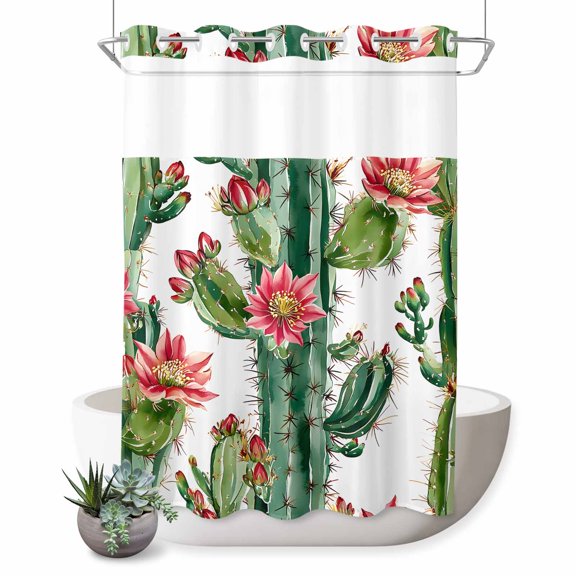 No Hook Shower Curtain with Built-in Rings - Botanical Floral Washable Waterproof Fabric Bathroom Curtains for Hotel,Rentals, 72X 96 Inch Extra Long , Cactus Succulent Desert Green Red