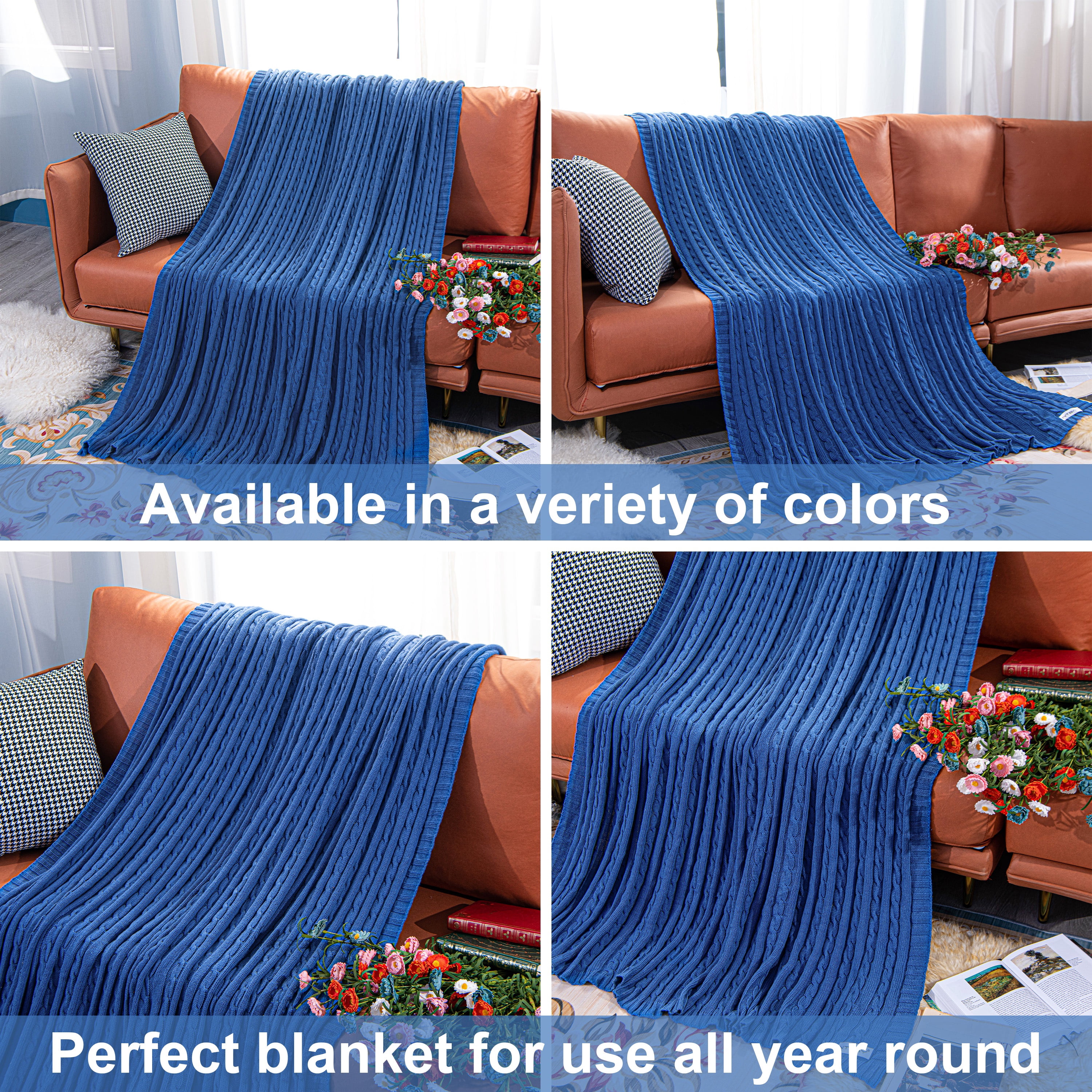 Ntbay 100% Cotton Cable Knit Throw, Super Soft Warm Knitted Blanket Home Decor, 51"x67", Cobalt Blue
