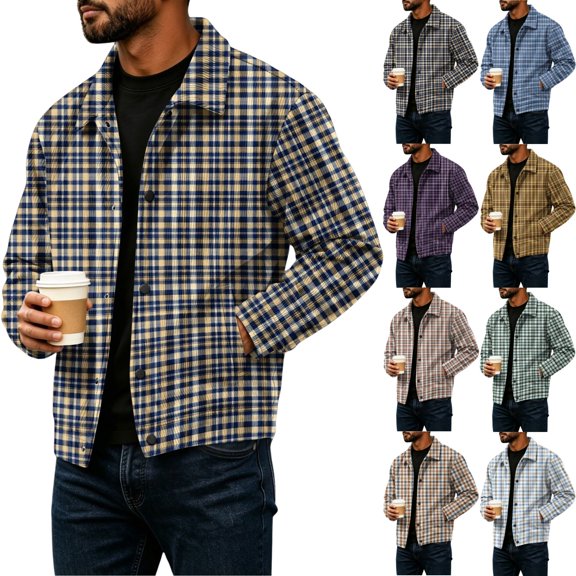 Zimjoy Corduroy Plaid Jacket for Men Button Down Vintage Long Sleeve Shacket Lightweight Regular Fit Western Jackets for Casual Fall Winter Navy L