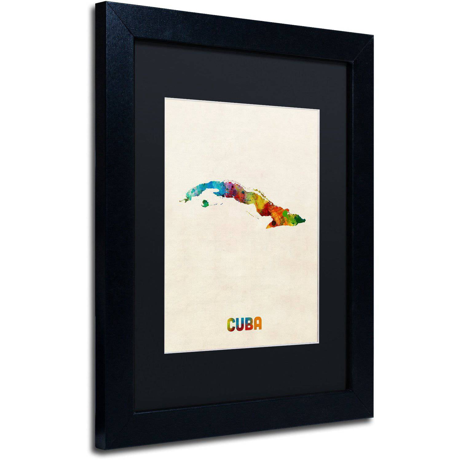 Trademark Fine Art "Cuba Watercolor Map" Canvas Art by Michael Tompsett Black Matte, Black Frame