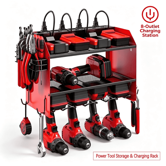 VILONG Wall‑Mount Power Tool Storage Rack,Garage Organizer,with 8-Outlet Power Strip, Gifts for Men & Dad,Red
