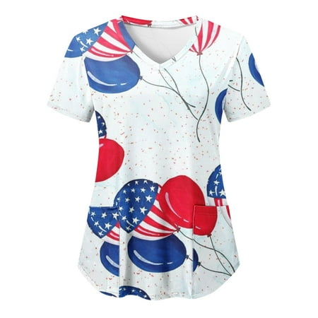 

Qufokar Summer Shirts for Women Short Sleeve Scrub Jackets Women Casual V Neck Short Sleeve Tshirt Independence Day Print Pocket Worker Top Casual Short Sleeve