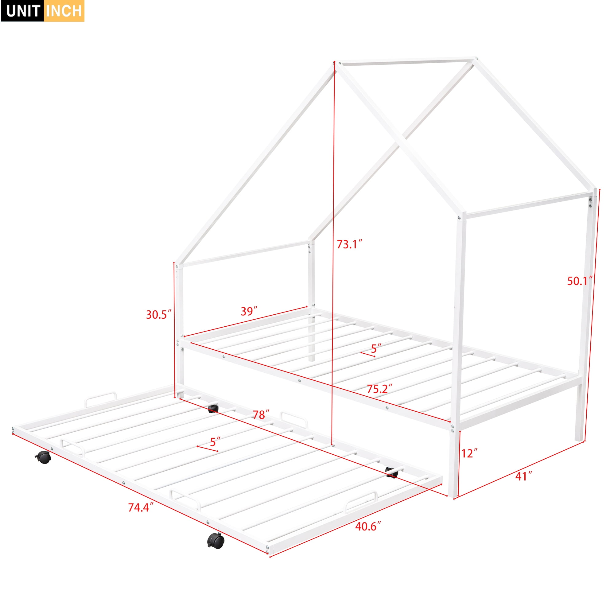 Gewnee Metal House Bed With Trundle,Kids Twin Size House-shaped Platform Bed Frame,White
