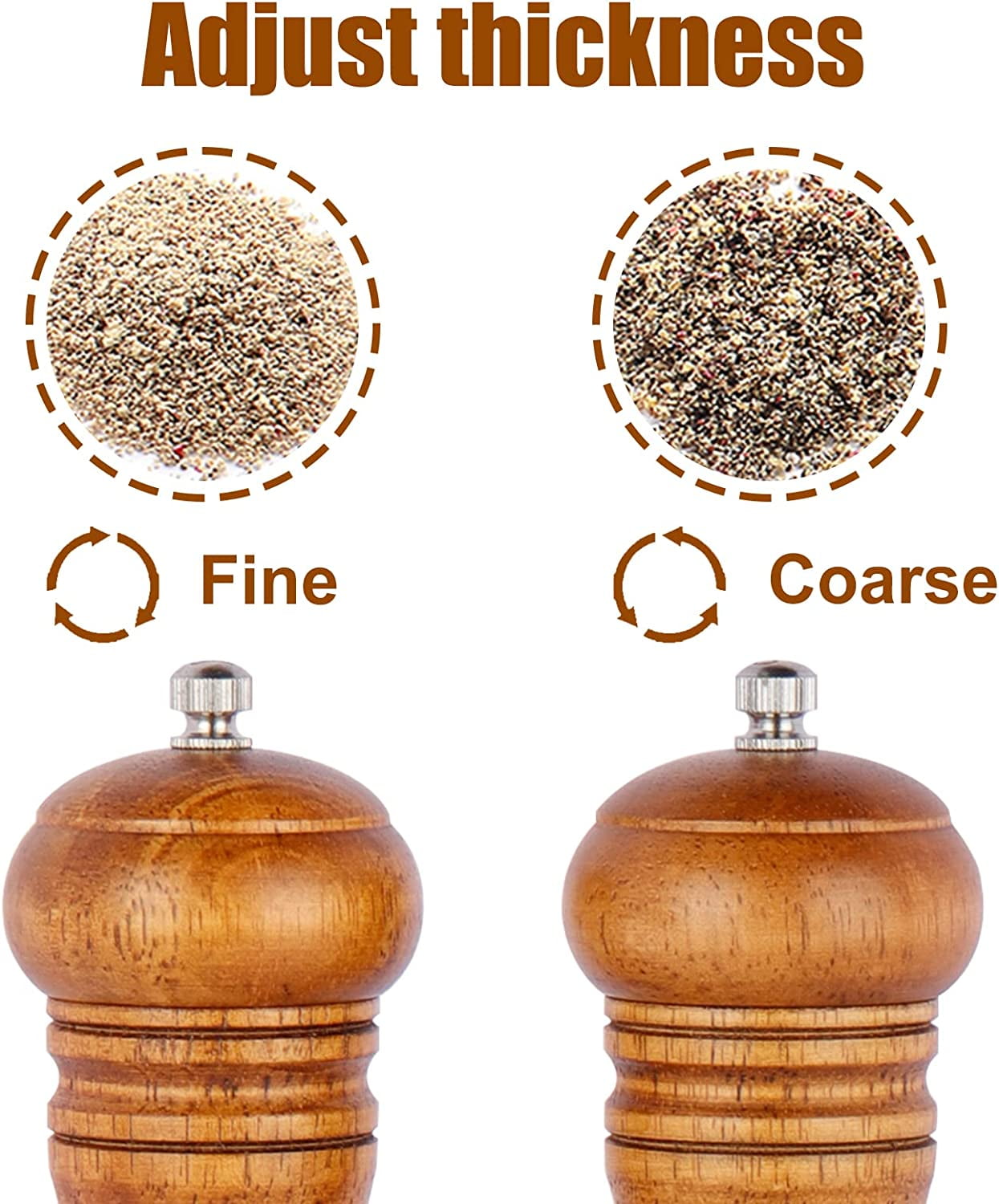 ® Wood Pepper Grinder Pepper Mill,Adjustable Coarseness 8 Inch Wooden Peppermill, Ceramic Grinding Mechanism Salt Mill Refillable (2 pack)