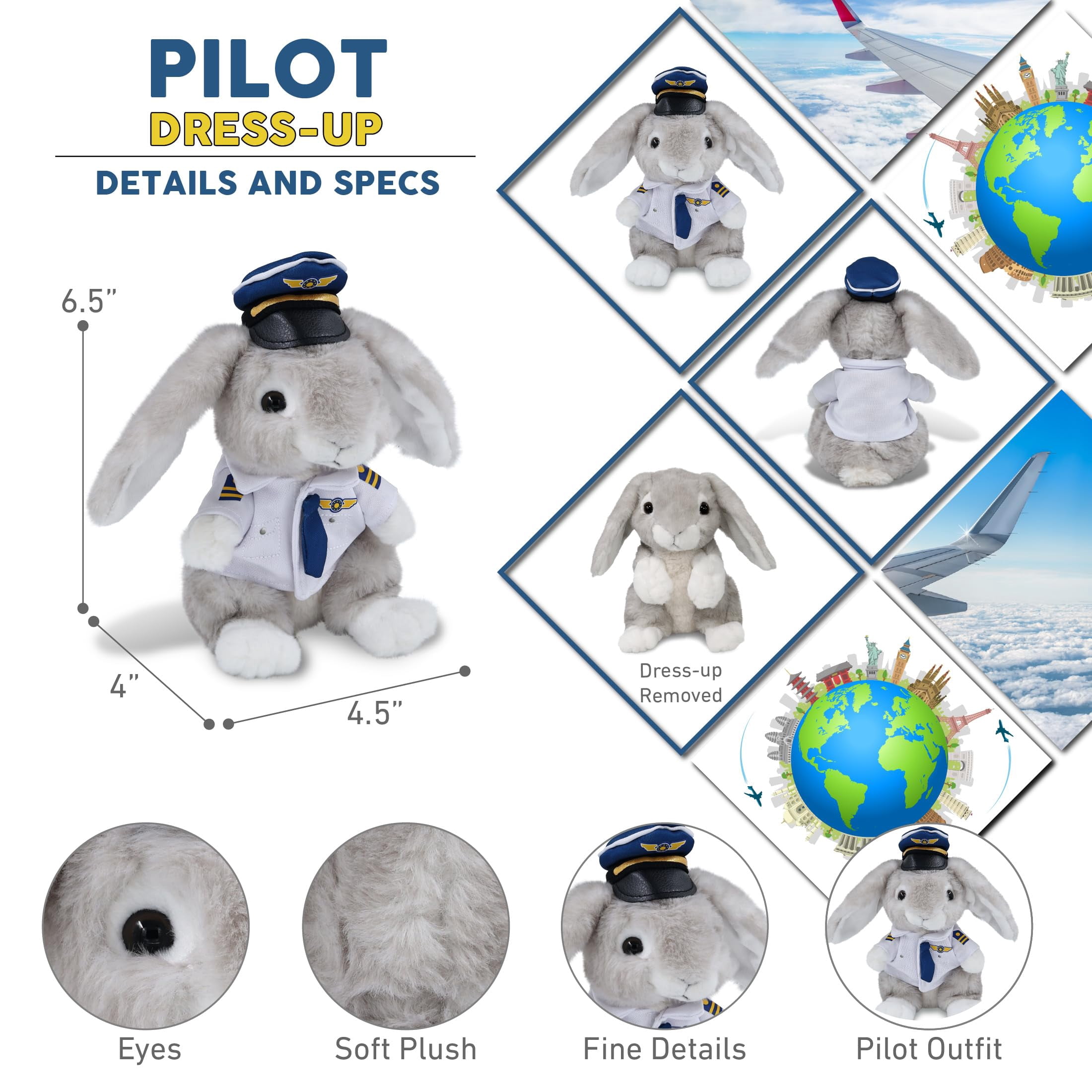 DolliBu Super Soft Grey Rabbit Stuffed Animal with Pilot Costume - Cute Farm Plush Toy with Airplane Aviation Uniform Dress Up - 6.5 Inches