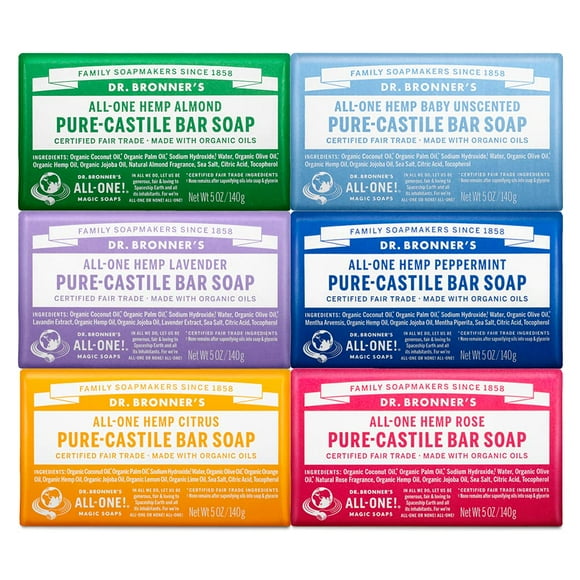 Dr. Bronner's - Savon en Barre Pur-Castille (Lot Cadeau Varié de 5 Onces) Amande, Non Parfumé, Lavande, Menthe Poivrée, Agrumes, Rose - Fabriqué avec des Huiles Biologiques