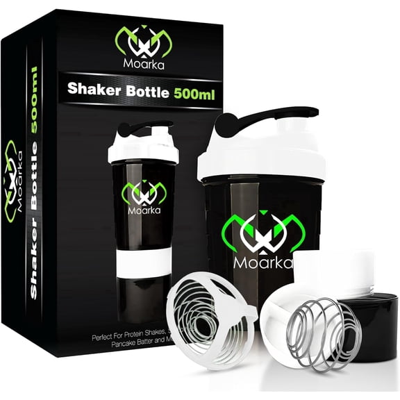 Moarka® Protein Shaker Bottle - Leak Proof Protein Mixer Cup - Non-Slip Gym Protein Mixing Bottle with Supplement and Pill Storage Container (White & Black)