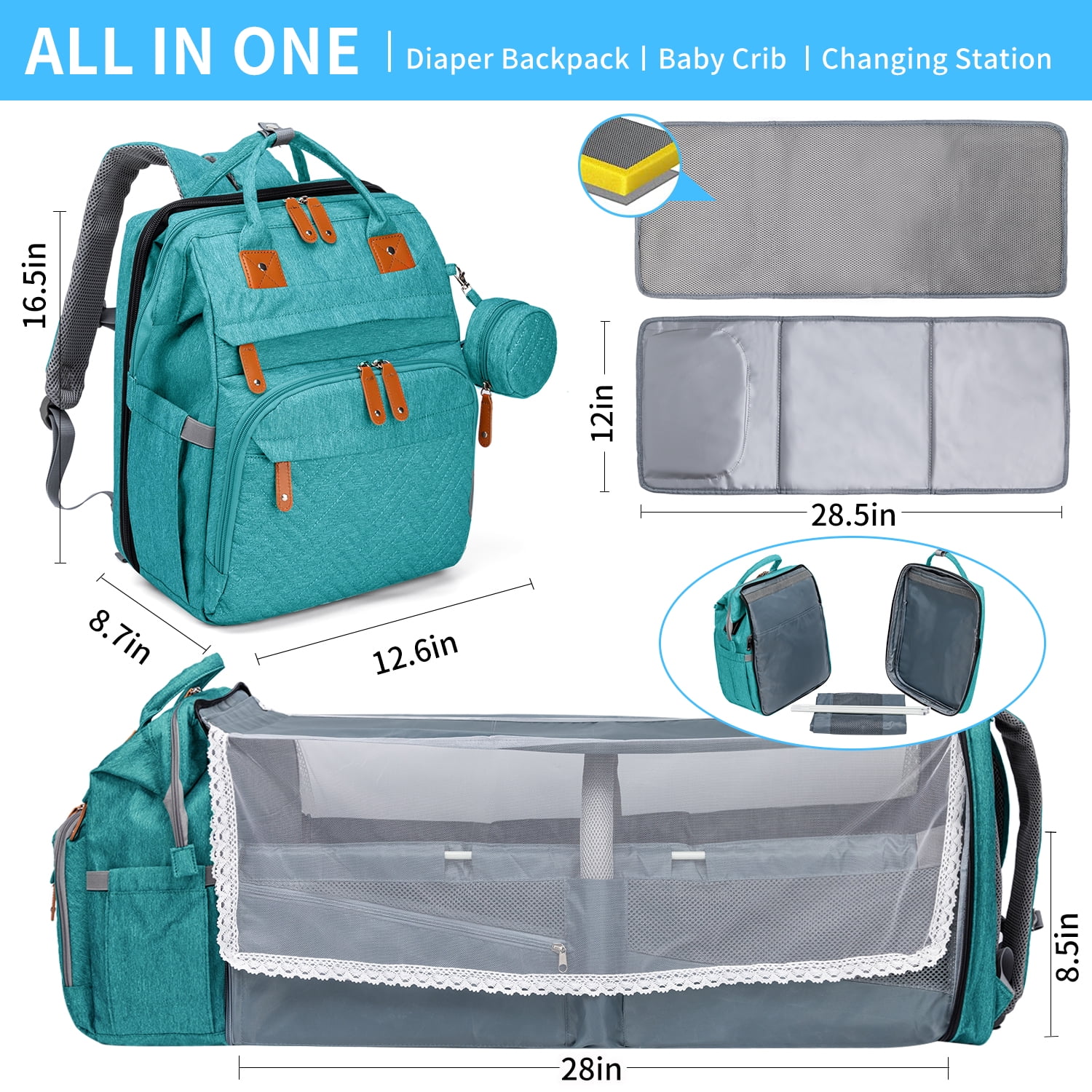Kabaqoo Large Baby Diaper Bag, Multifunctional Baby Backpack with Changing Station Lake Blue