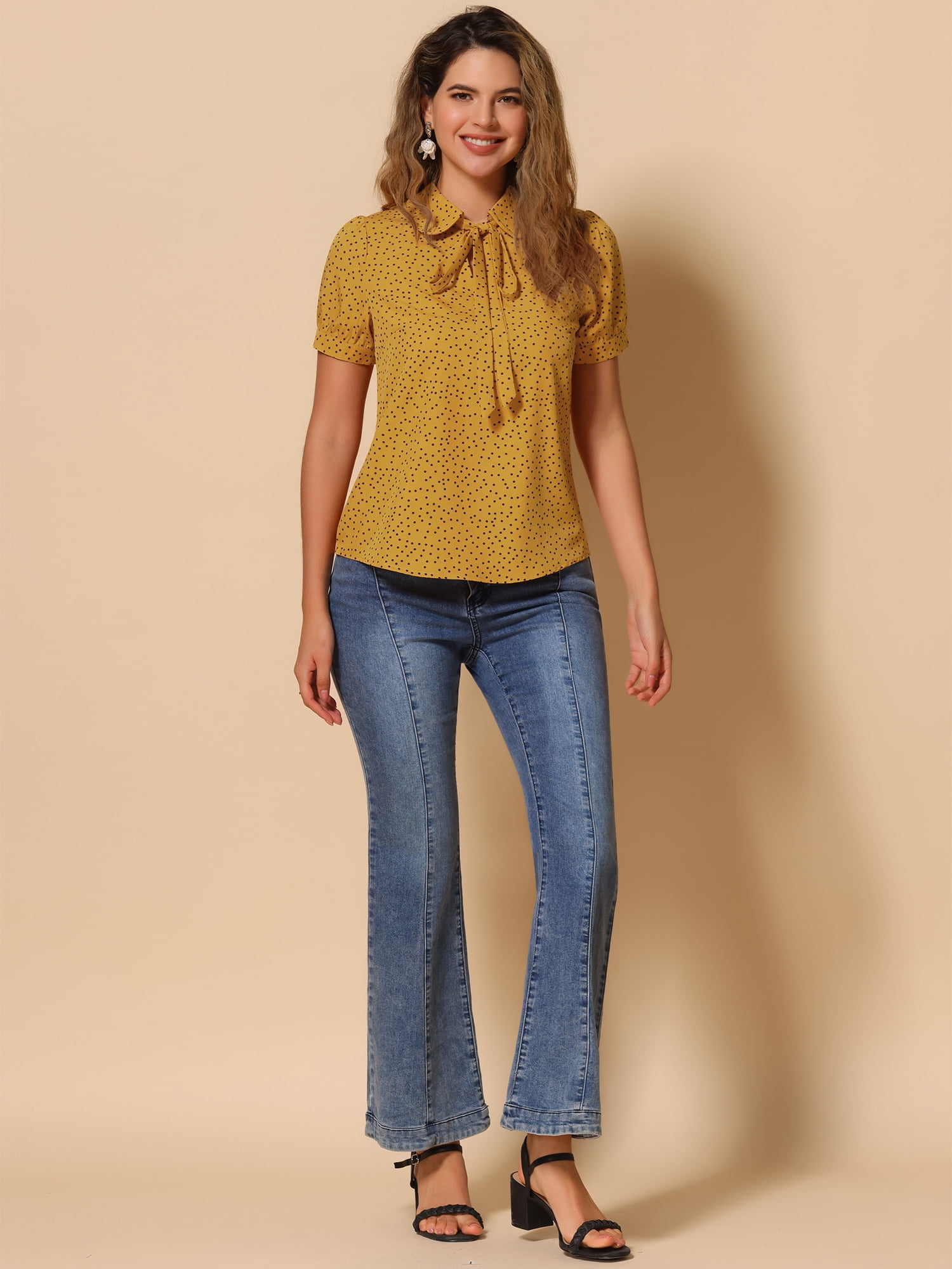 DARING DIVA Tie Bow Peter Pan Collar Chiffon Blouses S Yellow