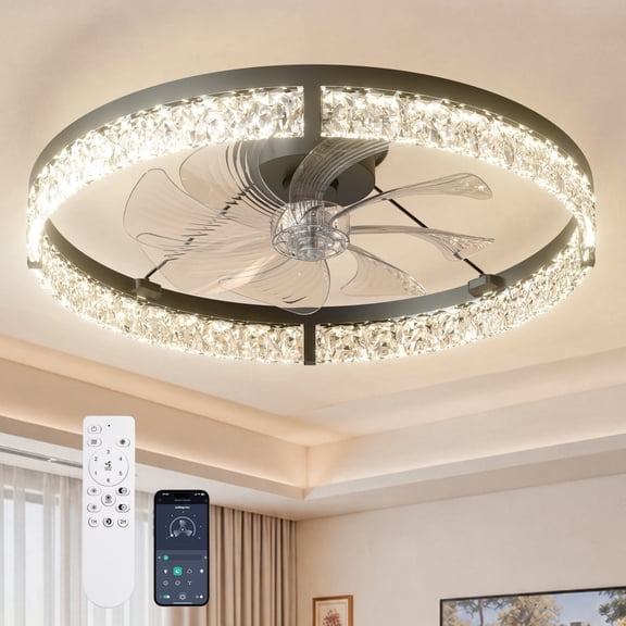 24" Black Flush Mount Ceiling Fan with Lights, Dimmable 3CCT LED, Smart APP & Remote Control, Quiet 6-Speed Fan for Living Room
