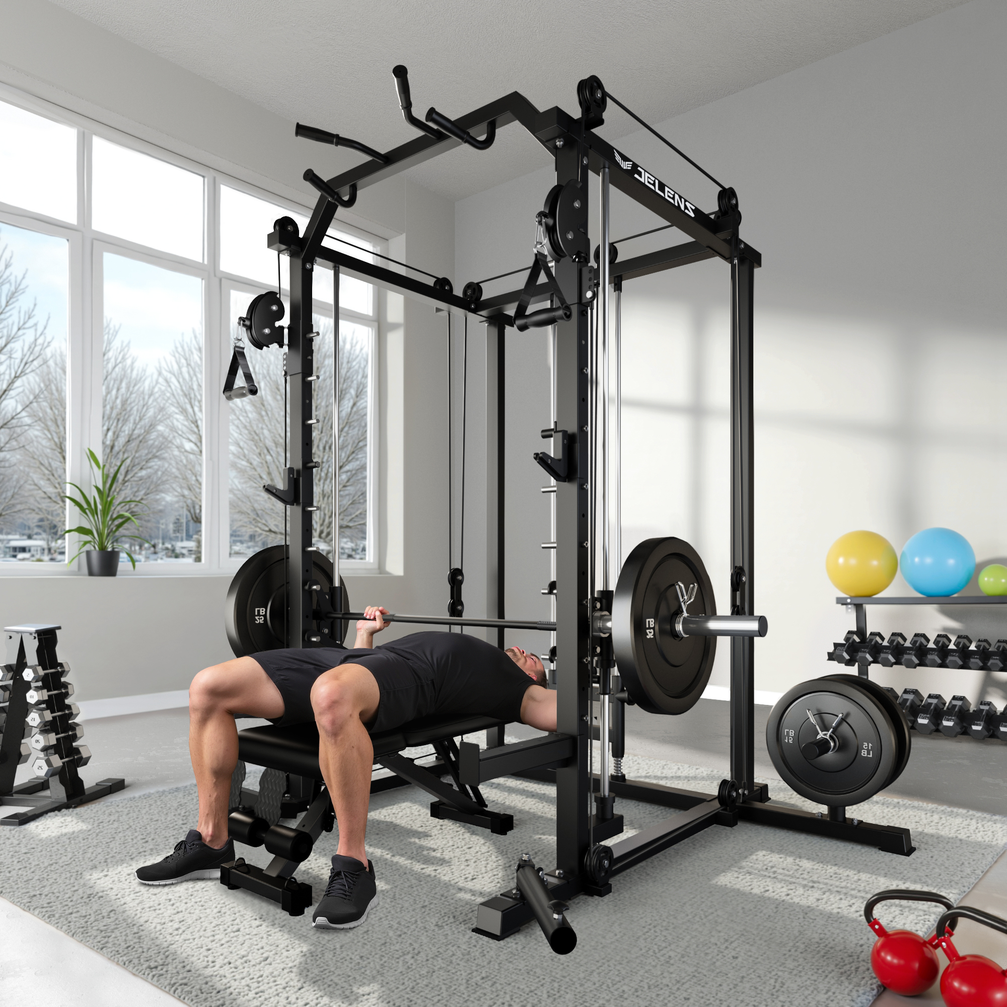 JELENS Smith Machine, 2000LBS M11 Multi-Function Squat Rack Power Cage with Cable Crossover System and Smith Bar, All-in-One LAT Pull-Down Machine for Home Gym