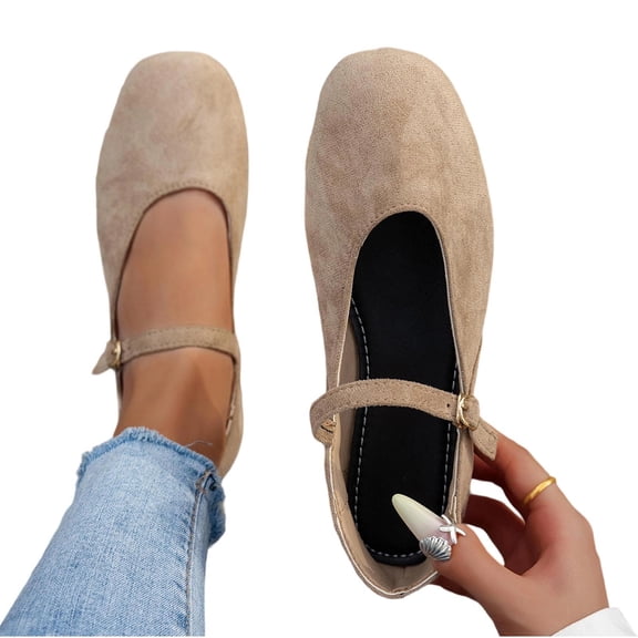 Gpaecead Women's Flat Mary Jane Shoes Square Toe Faux Suede Adjustable Buckle Soft Sole Comfort Versatile Shoes, Khaki