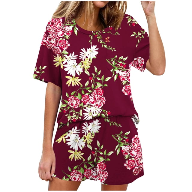 Conjunto de Pijama de las Mujeres de Moda Casual Color Sólido Manga Corta Cuello Redondo Top Y Pantalones