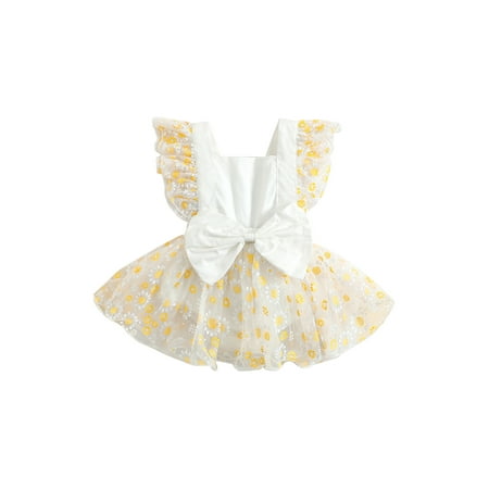 

Faithtur Newborn Baby Girls Romper Dress Infant Ruffle Fly Sleeve Square Neck Mesh Bow Princess Tutu Skirt Bodysuit 0-24Months