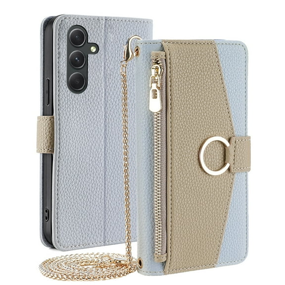 Dteck Bag Crossbody Strap Case for Samsung Galaxy A25 5G,Magnetic Leather Card Slots Zipper Wallet Hidden Mirror Case Shockproof Stand Full Body Protective Cover with Detachable Metal Strap,Blue