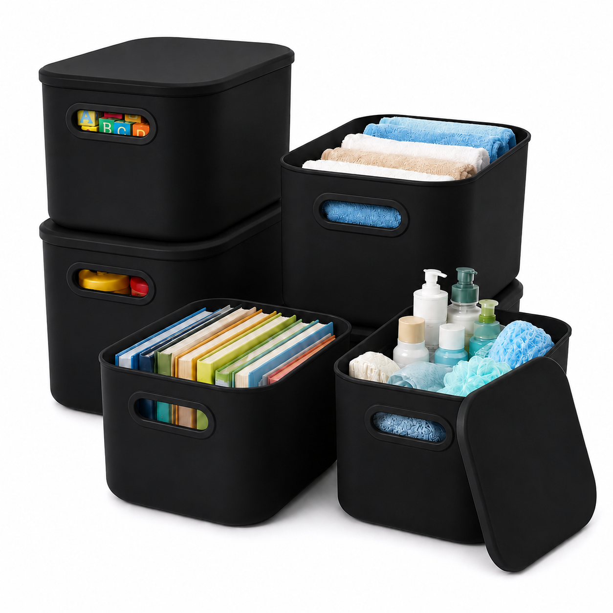 W 6 Pack Black Storage Bins with Lids Stackable Storage Container for Organizing, Black Storage Boxes with Handle for Shelves, Cute Organizer Bins for Craft, Snacks, 9.85x6.9x5.7 inch