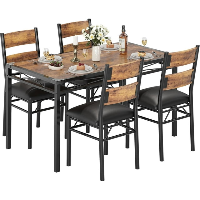 Compact 4-Person Dining Set, Table & 4 Upholstered Chairs - Space-Saving for Small Kitchens, Apartments & Breakfast Nooks, Retro Brown