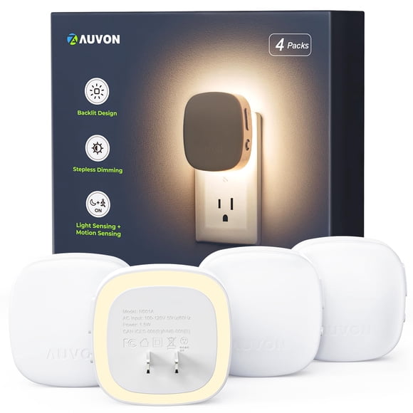 Luz nocturna AUVON enchufable con retroiluminación LED y sensor de movimiento, paquete de 4