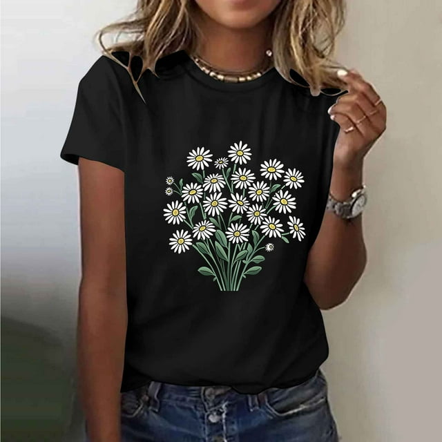 Jienlioq Hauts d'Entraînement pour Femmes T-shirt Imprimé Col Rond Manches Courtes Noir TG