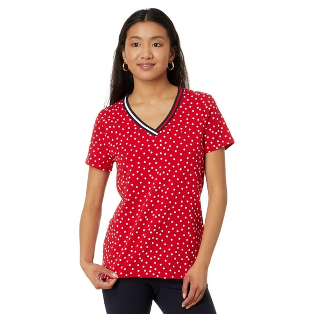 Camiseta Tommy Hilfiger de manga corta con cuello en V y lunares para mujer