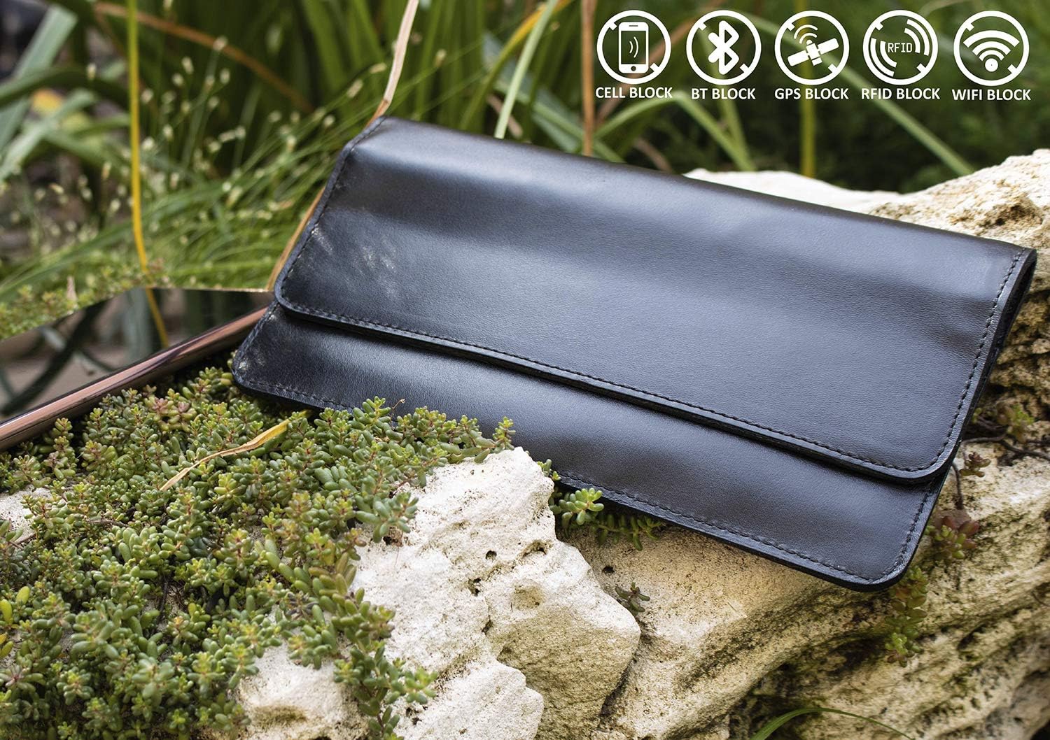 Leather Faraday Bag for Phone //RFID blocking signal and protect EMF/EMI radiation Black