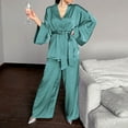 thumbnail image 4 of qolati Womens Pajama Sets Soft Ice Silk Night Robe with Belt and Wide Legs Pants Lounge Set 2 Piece Outfits Cozy Loose Long Sleeve Sleepwear Suits, 4 of 6