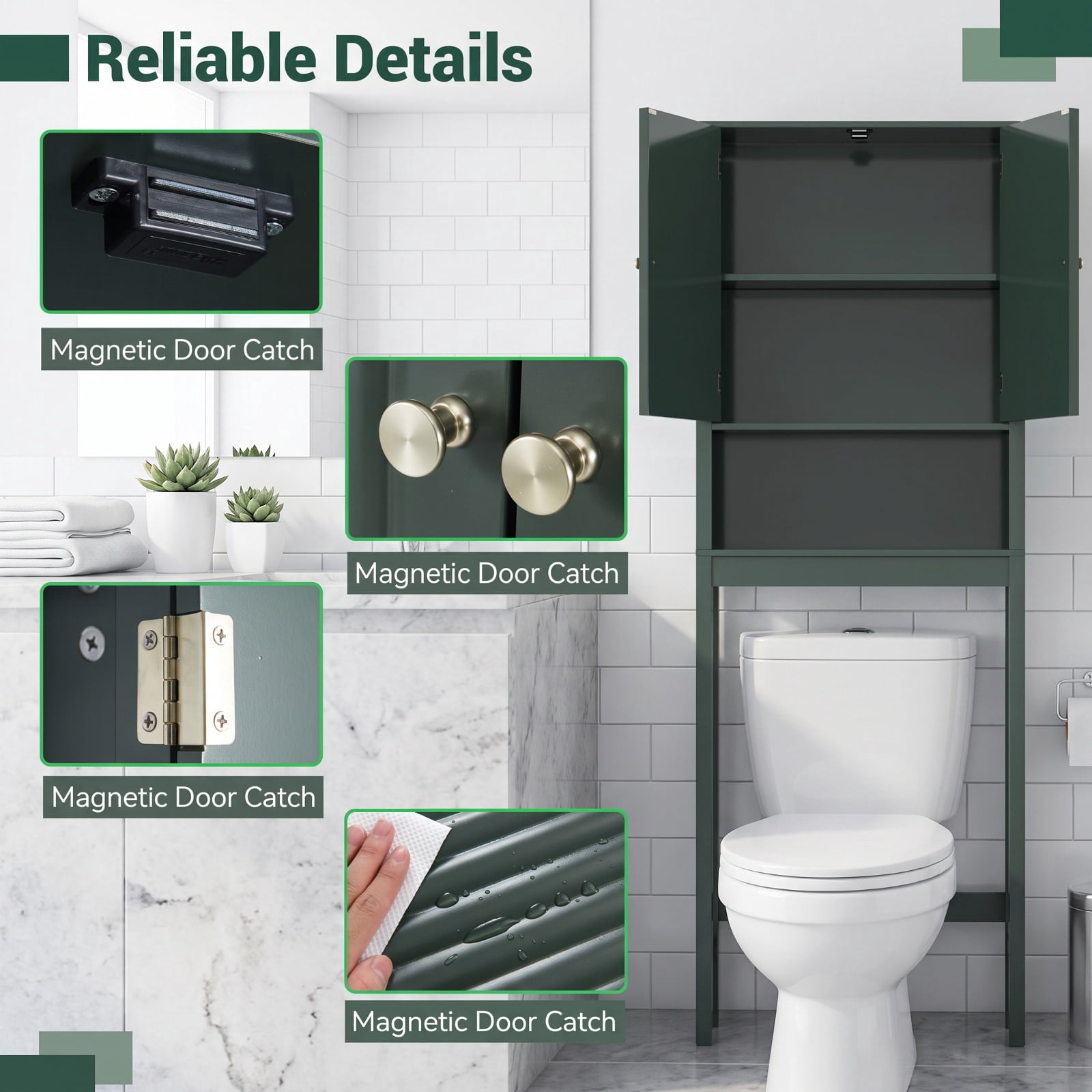 Vebreda Over-the-Toilet Storage Cabinet with Fluted Doors and 3-Position Adjustable Shelf, Freestanding Bathroom Space Saver, 66 in, Green