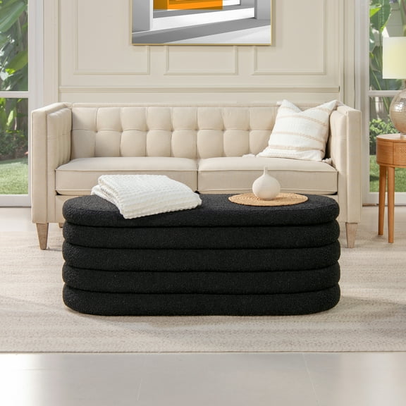 CoSoTower 49" Upholstered Oval Storage Bench, Ebony Black Boucle