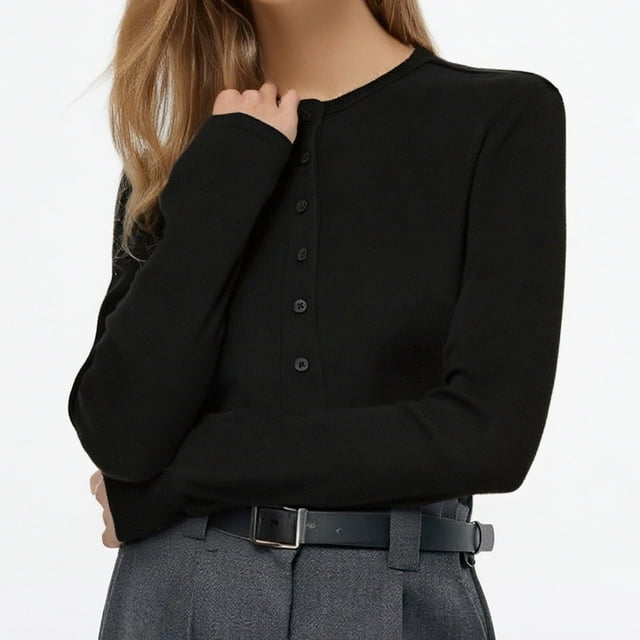 Lenpel Cardigans Courts pour Femmes Col Rond Manches Longues Boutonné Coupe Ajustée Tricoté Cardigans Décontractés Légers (Noir, Très Grand)