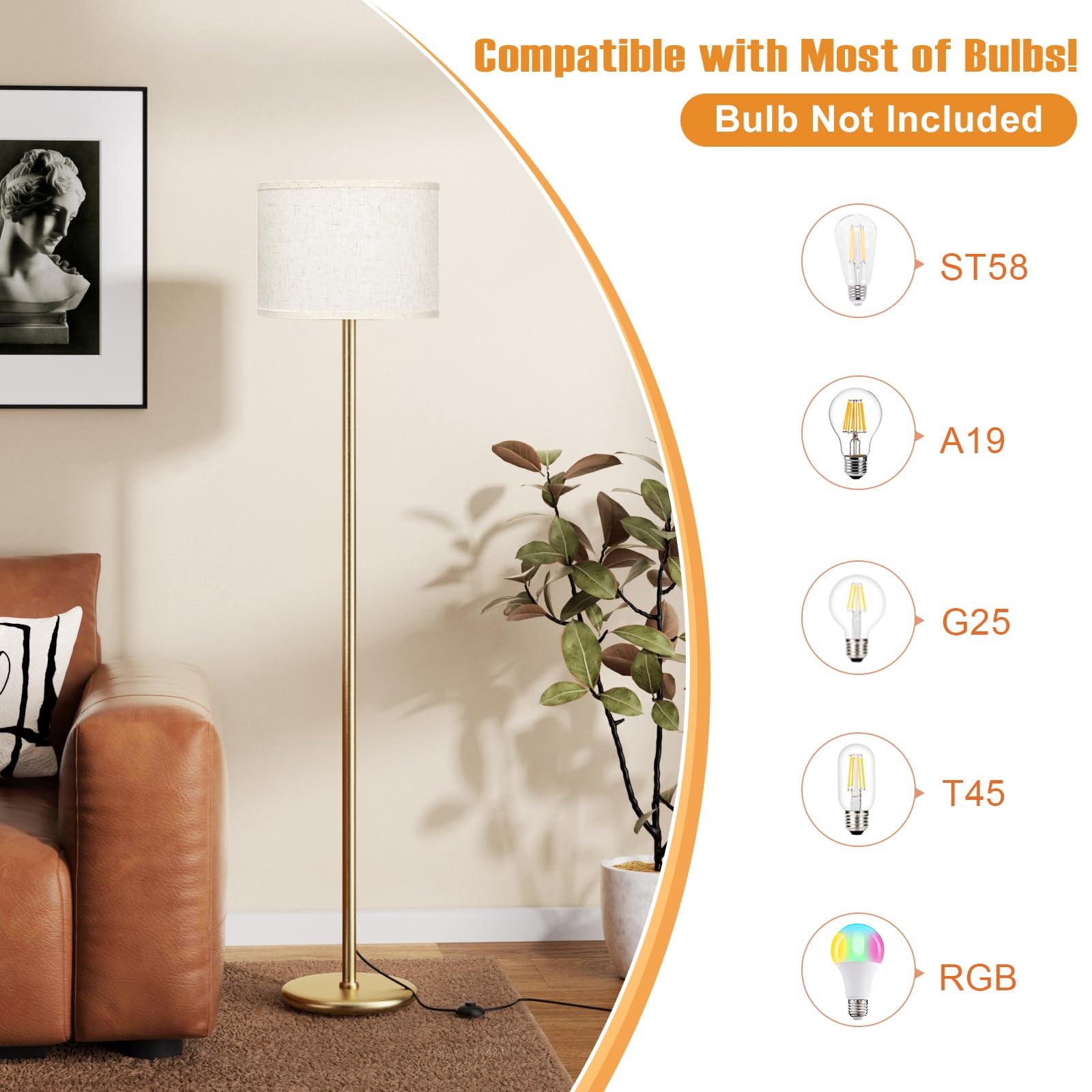 60'' Modern Floor Lamp With Shade  Tall Lamps For Living Room Bedroom Office Dining Beige Pole(without Bulb)