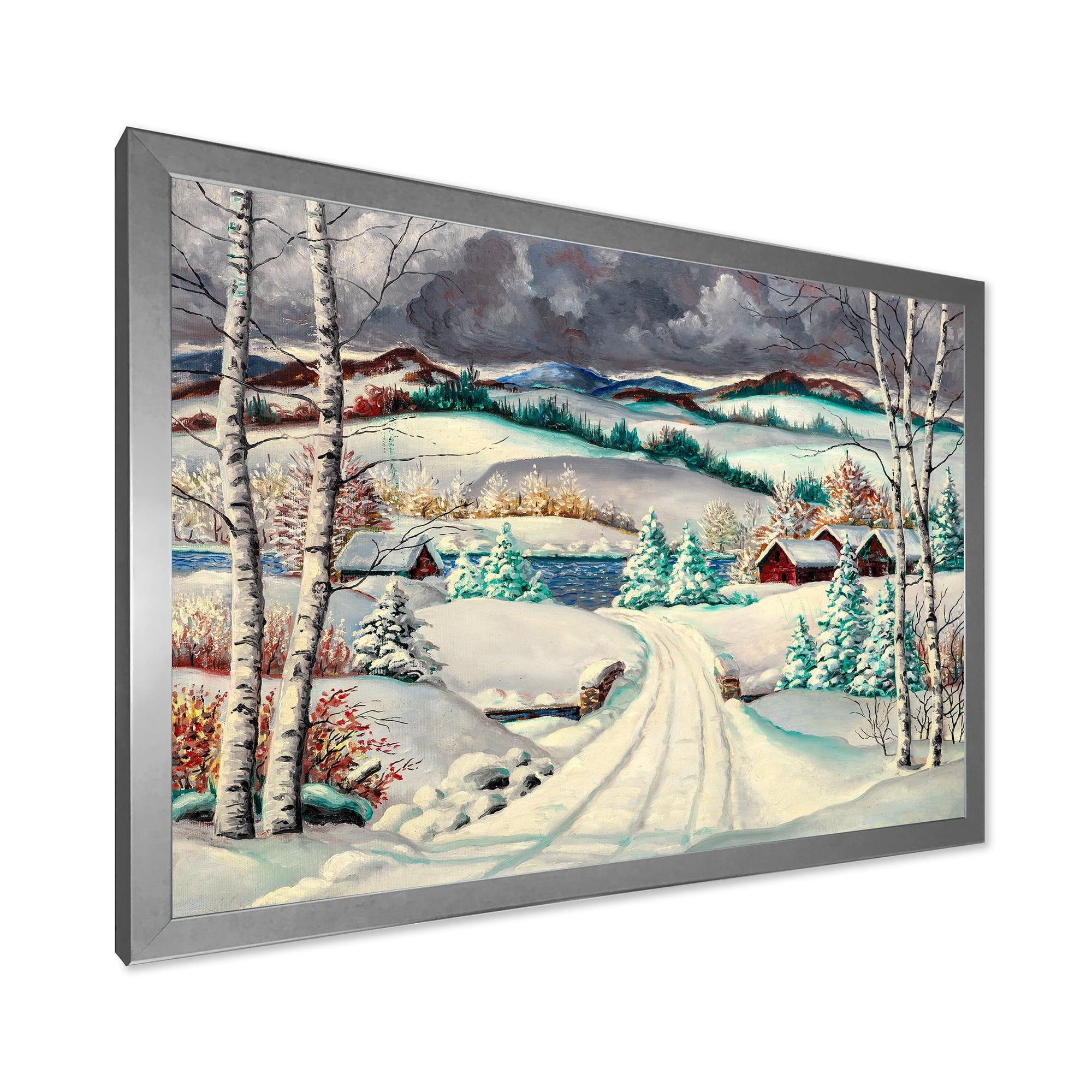 Designart 'Snowy Road In Countryside Winter Landscape' Traditional Framed Art Print