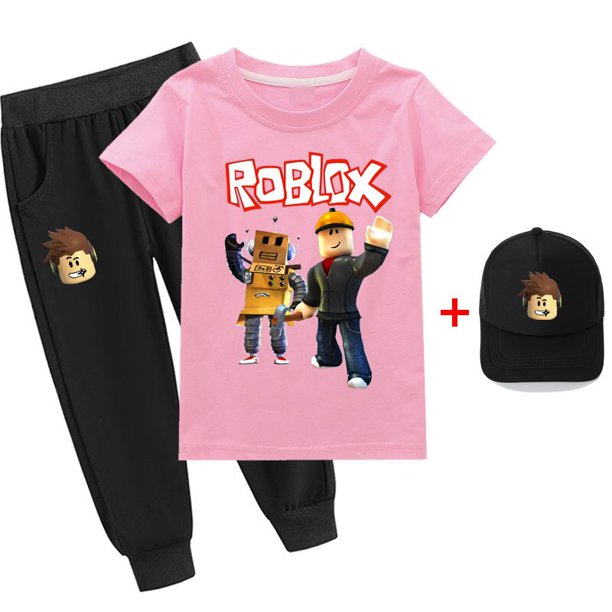 Traje de camiseta de manga corta y sombrero para niños y niñas, juego de animación Roblox periférico, algodón fino bidimensional, el mejor regalo, nuevo