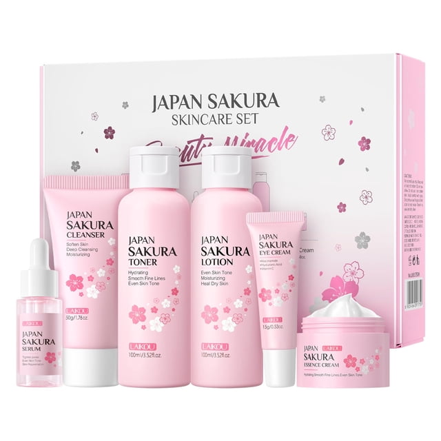 LAIKOU- Set de cuidado de la piel JAPAN SAKURA Sets de regalo de belleza para mujeres Kit de cuidado de la piel con limpiador, tónico, loción, suero,