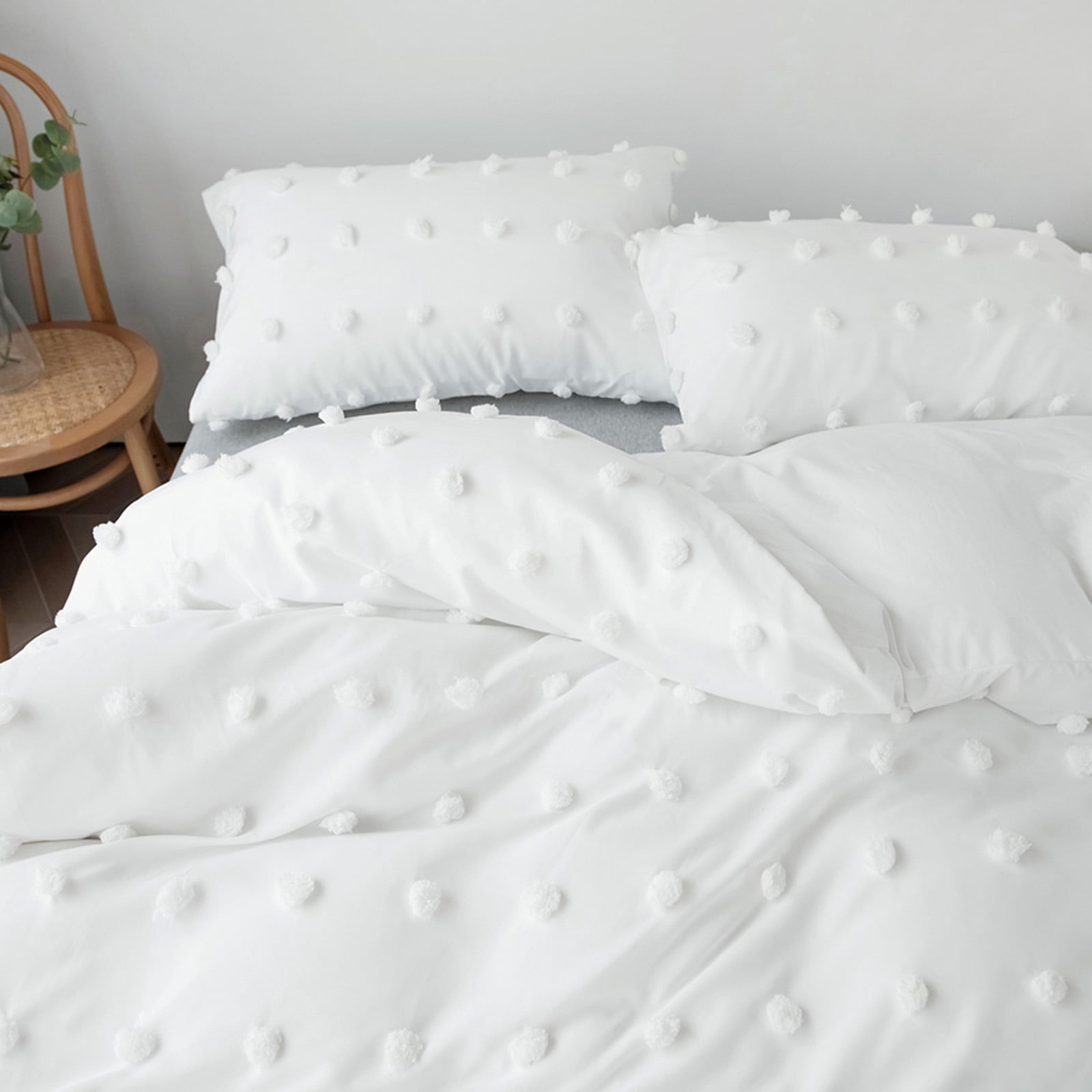 Qookiee White Tufted Dot Duvet Cover Sets Queen Size Boho Soft Embroidery Shabby Chic Duvet Covers 100% Soft Luxury Microfiber Washed Bohemian Bedding Sets 1 Duvet Cover 90x90 in and 2 Pillow Shams