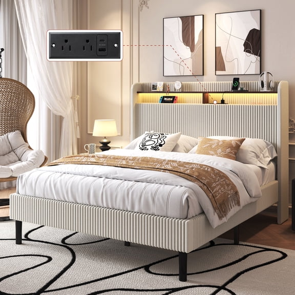 Frostbloom Queen Size Corduroy Bed Frame with LED Lights, Charging Station & Wingback Headboard, Cream White