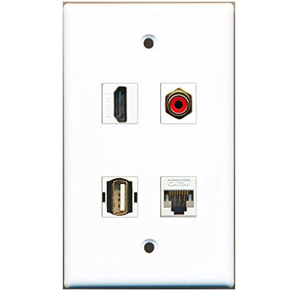 RiteAV - 1 Port HDMI 1 Port RCA Red 1 Port USB A-A 1 Port Cat5e Ethernet White Wall Plate