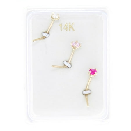 - 14K Yellow Gold 2mm White Pink Red Cubic Zirconium Nose Ring Set