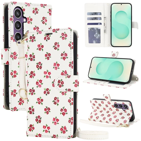 Sanwo Crossbody Flip Leather Wallet Case for Samsung Galaxy S24 ,Flower Floral PU Leather Magnetic Closure Card Slots Holder Cover,Shockproof Folio Cover for Women Girl,Red
