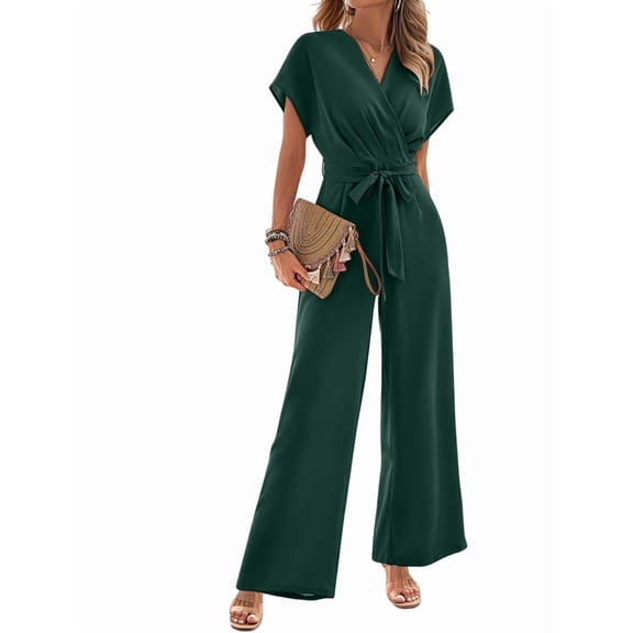 Women'S Summer Outfits V Neck Cap Sleeve Crop Top Wide Leg Pant Sets Green L
