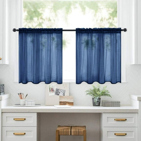 Namzi Small Window Curtains - dark blue Sheer Kitchen Curtains 76*92cm - 2 slice Rod Pocket Curtains, Wide Short Curtains for Small Windows, Decorative Sheer Drapes