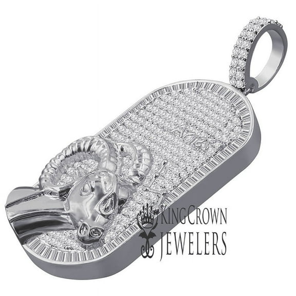 Unisex 14K White Gold Finish Aries Ram Zodiac Sign Astrology Horoscope Charm Baguette & Round Cut Diamond Pendant