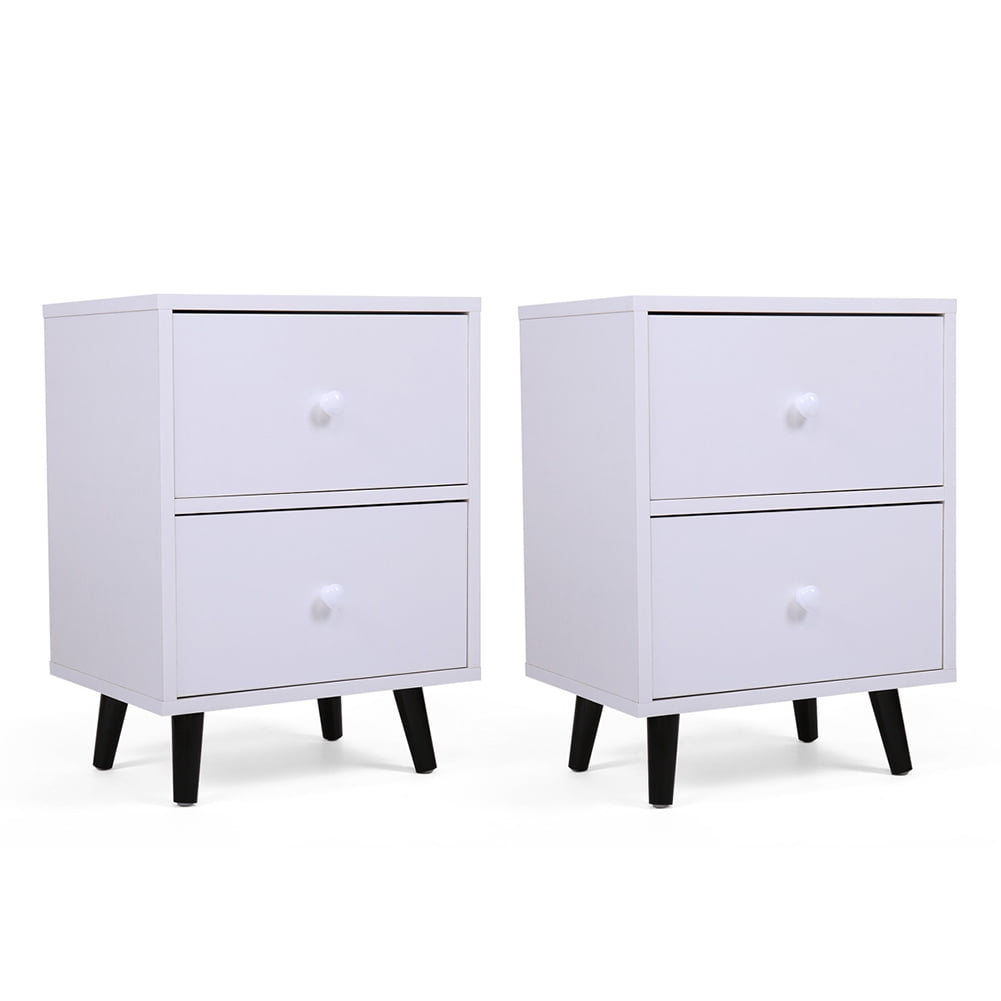 Kadyn Set of 2 Mid Century Modern End Tables, Side Table with 2 Drawers, Storage Cabinet with Splayed Legs, White Kadyn Set of 2 Mid Century Modern End Tables, Side Table with 2 Drawers, Storage Cabinet with Splayed Legs, White