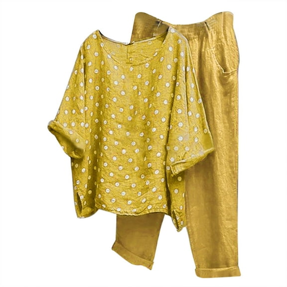 safuny Women's Casual Suit Round Neck Short Sleeve Plus Size Suit for Girlfriend Wife Daughter Comfy Casual Dressy Solid Color Yellow XL