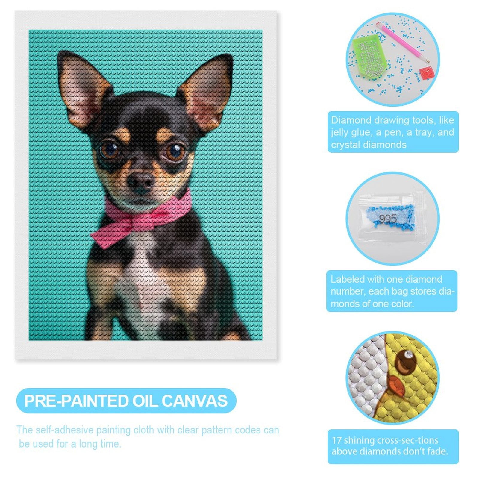 Diamond Art Kits for Adults, Small Dog Pink Ribbon Portrait 5D Diamond Painting Kits for Adults Beginners, DIY Full Drill Diamond Painting, Gem Art and Crafts 12x16
