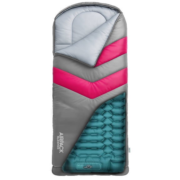 Kids Sleeping Bag with Built-in Pad and Foot Pump (Fits Up to 4'6") All-in-One Inflatable Mattress for Sleepovers, Camping and Travel (Gray/Pink)