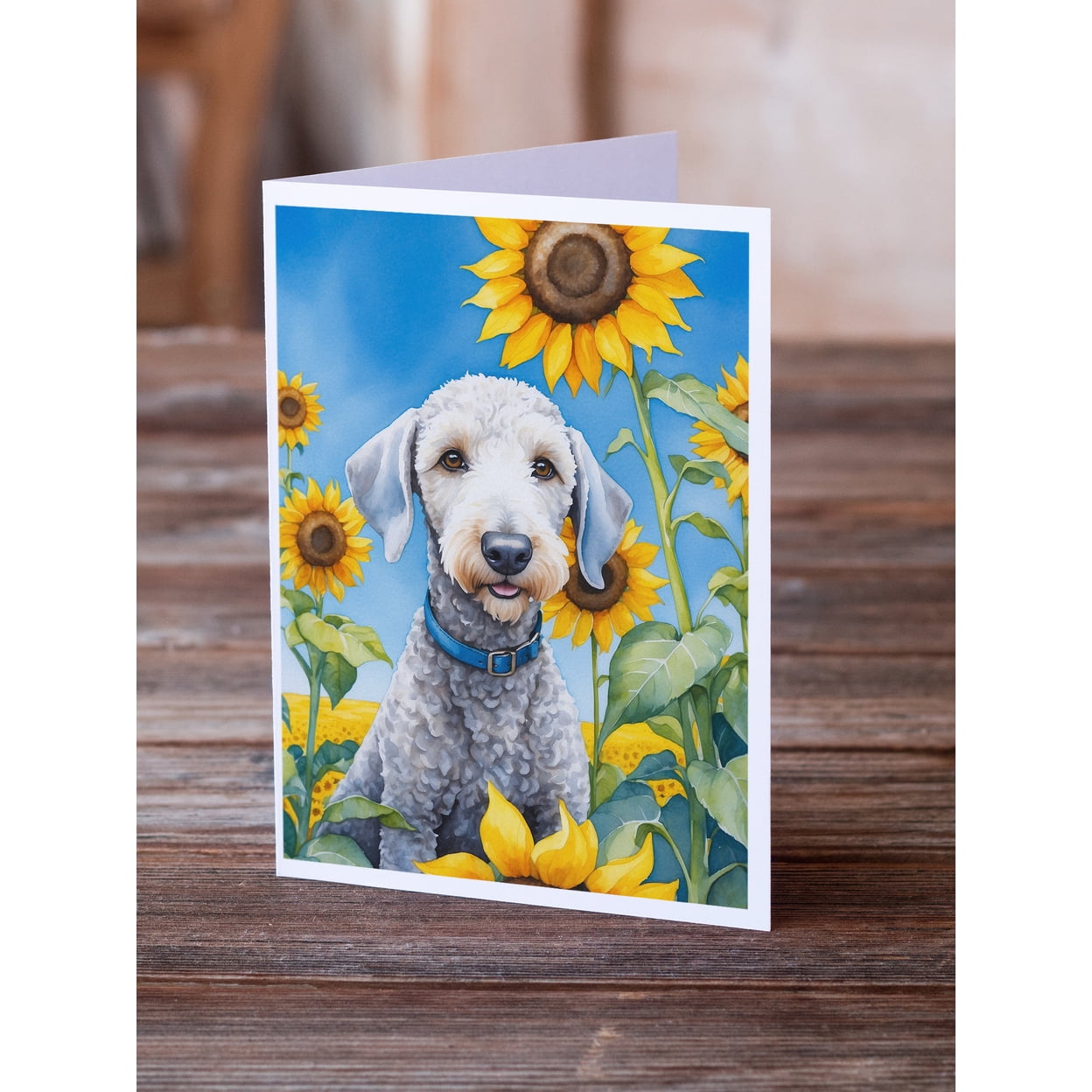 Bedlington Terrier in Sunflowers Greeting Cards Pack of 8 7 in x 5 in