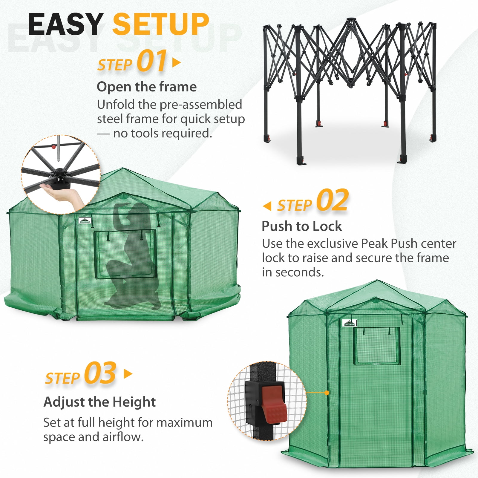 EAGLE PEAK 6.6x6.6 ft Hexagon Pop up Greenhouse, Portable Walk-in Grow Tent, All-Weather Plant Shelter, Green