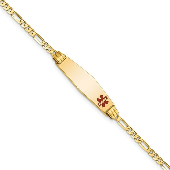 10K Yellow Gold Medical Soft Diamond Shape Red Enamel Figaro Id Bracelet (Width 7.5) (Length 8) - Jbsp