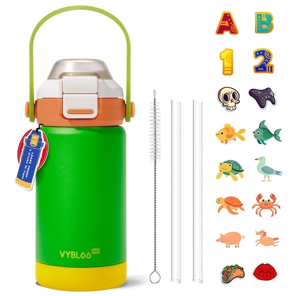 VYBLOOJUG Termo para Niños, Botella de Aguas con 2 Pajitas, Sorbos y Chug, A Prueba de Fugas para Escuela, Deportes o Excursiones, Libre de BPA (12 oz / 360 ml, Tangerina Verde)