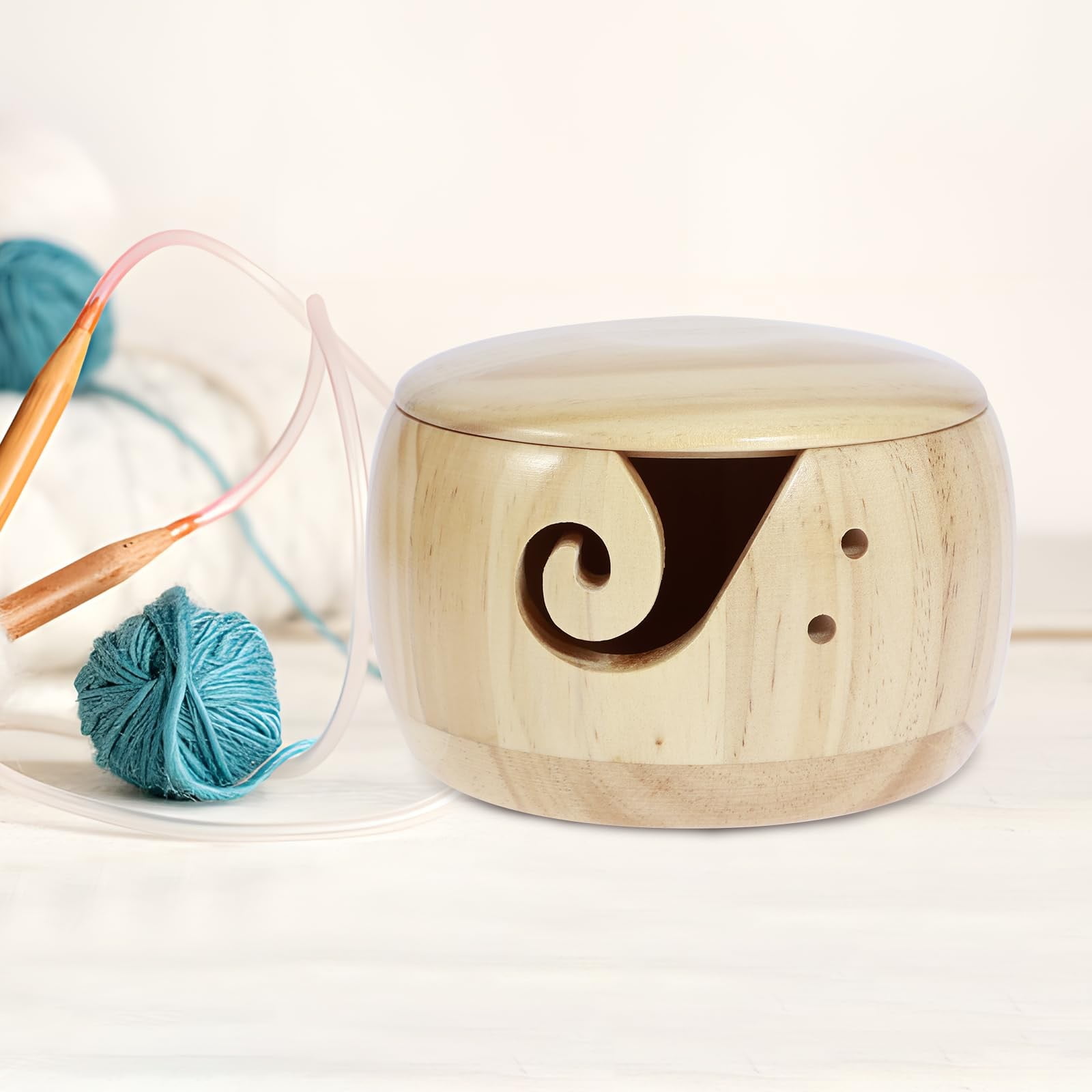 Bol à Laine Crochet Little World Bol En Bois Pour Fil à Tricoter Et Crochet Avec Trous Et Rangement Pour Aiguilles, Empêche Le Glissement Et Les Nœuds, Taille Parfaite 15,2 X 7,6